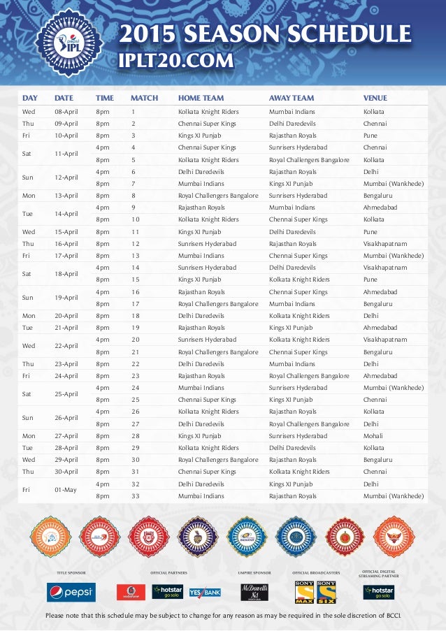 Ipl 2016 Match Fixture Pdf